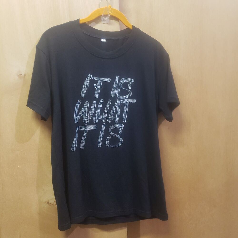 Black cotton t-shirt Rhinestone-embellished with phrase "IT IS WHAT IT IS" S ABC